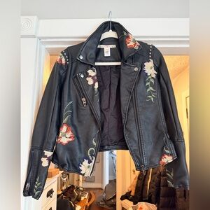 Chelsea & Violet Black Soft Leather-like Jacket with Floral Embroidery